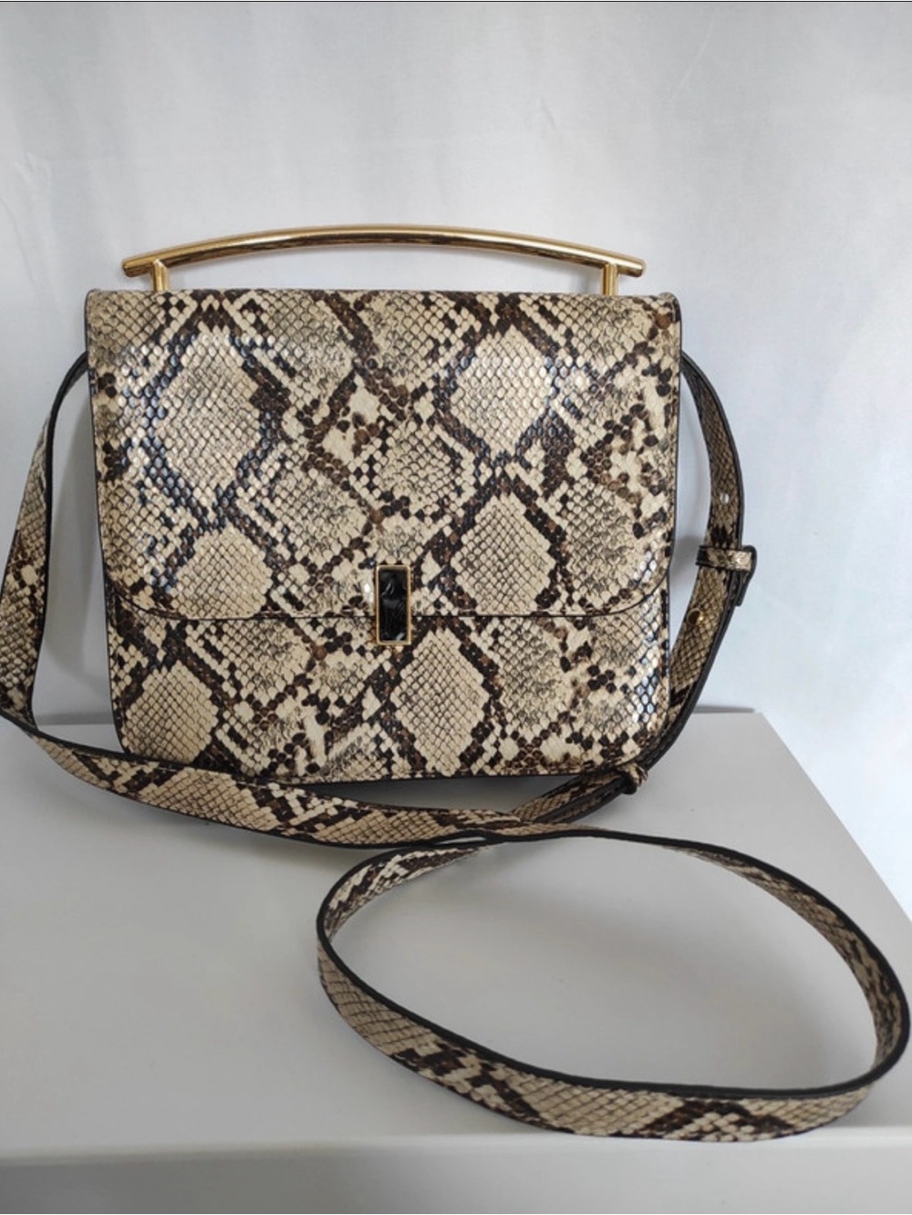 Python-Print EUC Crossbody Bag with Gold Handle - Neutral